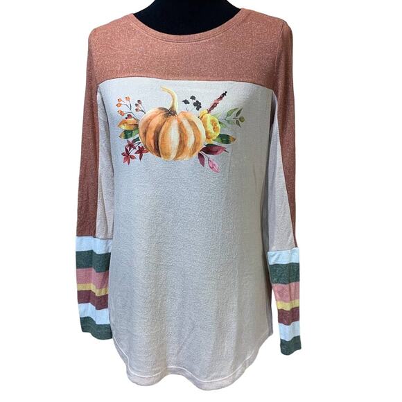Hand Printed Small Upcycled Pumpkin Autumn Fall Flower Long Sleeve Sweater - Picture 1 of 3